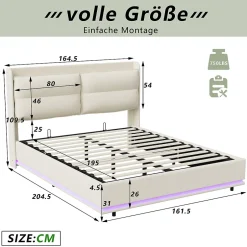 Simple Life Lit rembourré 160x200cm avec chargement sans fil (USB & Type-c), lit double avec LED, velours, beige