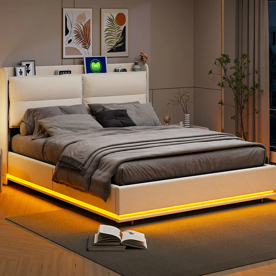 Simple Life Lit rembourré 160x200cm avec chargement sans fil (USB & Type-c), lit double avec LED, velours, beige