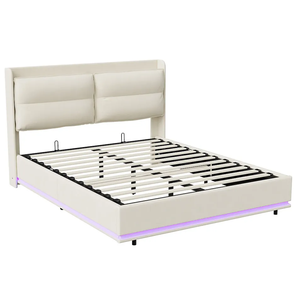Simple Life Lit rembourré 160x200cm avec chargement sans fil (USB & Type-c), lit double avec LED, velours, beige