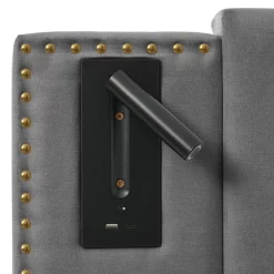 Gutent Lit rembourré 160x200cm, avec espace de rangement, lampe de lecture, design à rivets, sommier à lattes, coton, gris, sans matelas Online