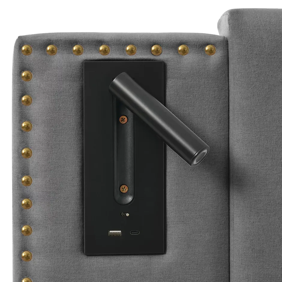 Gutent Lit rembourré 160x200cm, avec espace de rangement, lampe de lecture, design à rivets, sommier à lattes, coton, gris, sans matelas Online