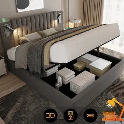 Gutent Lit rembourré 160x200cm, avec espace de rangement, lampe de lecture, design à rivets, sommier à lattes, coton, gris, sans matelas Online