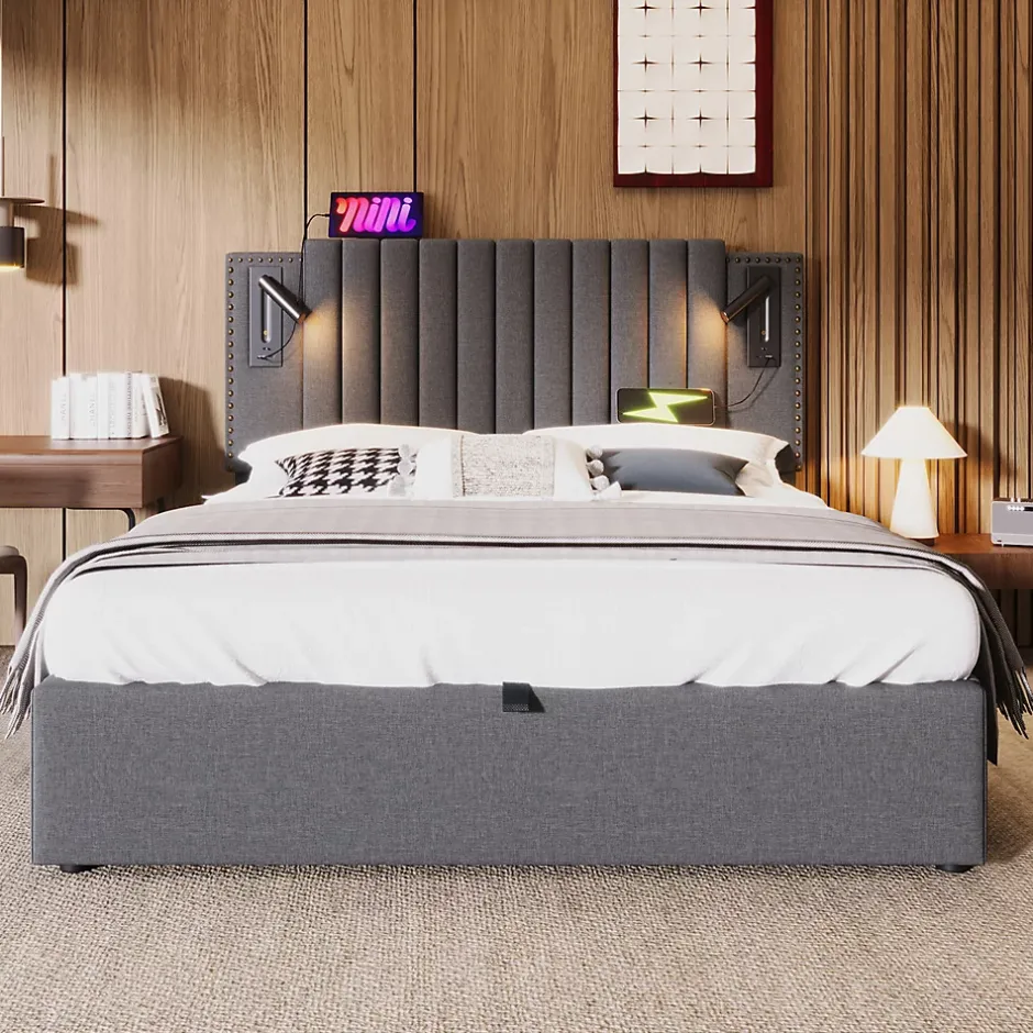 Gutent Lit rembourré 160x200cm, avec espace de rangement, lampe de lecture, design à rivets, sommier à lattes, coton, gris, sans matelas Online