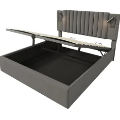 Gutent Lit rembourré 160x200cm, avec espace de rangement, lampe de lecture, design à rivets, sommier à lattes, coton, gris, sans matelas Online