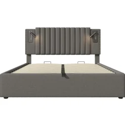 Gutent Lit rembourré 160x200cm, avec espace de rangement, lampe de lecture, design à rivets, sommier à lattes, coton, gris, sans matelas Online