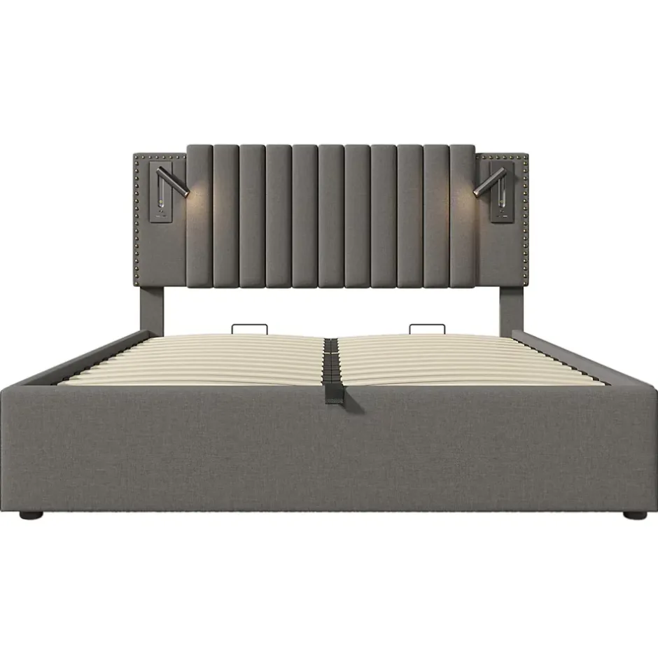 Gutent Lit rembourré 160x200cm, avec espace de rangement, lampe de lecture, design à rivets, sommier à lattes, coton, gris, sans matelas Online