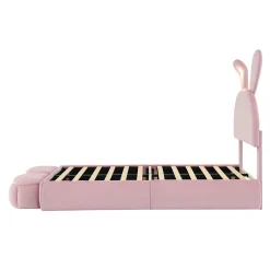 Simple Life Lit rembourré 90x200cm avec oreilles de lapin, LED chaude réglable, 2 poufs de rangement, velours rose New