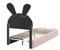 Simple Life Lit rembourré 90x200cm avec oreilles de lapin, LED chaude réglable, 2 poufs de rangement, velours rose New