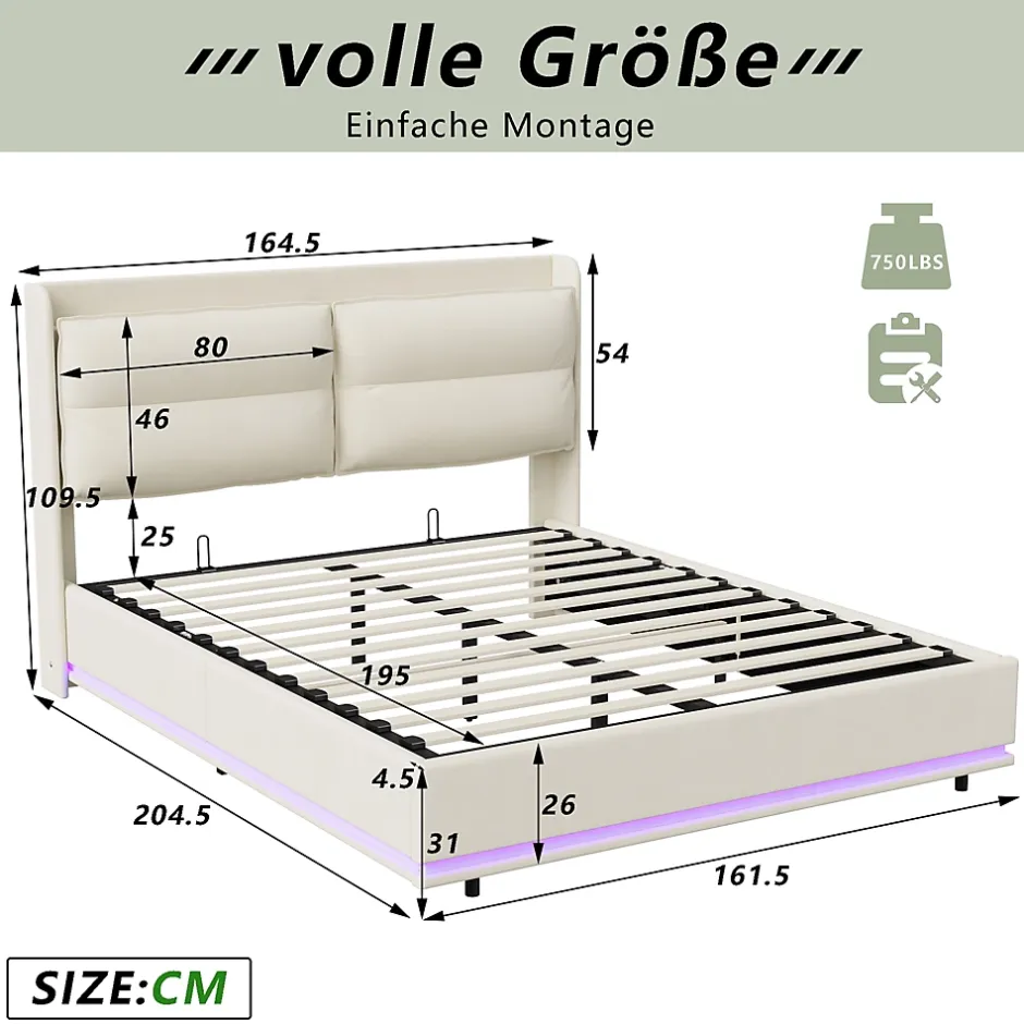 Simple Life Lit rembourré 160x200cm avec recharge sans fil (USB et Type-C), lit double avec LED, velours, beige Clearance