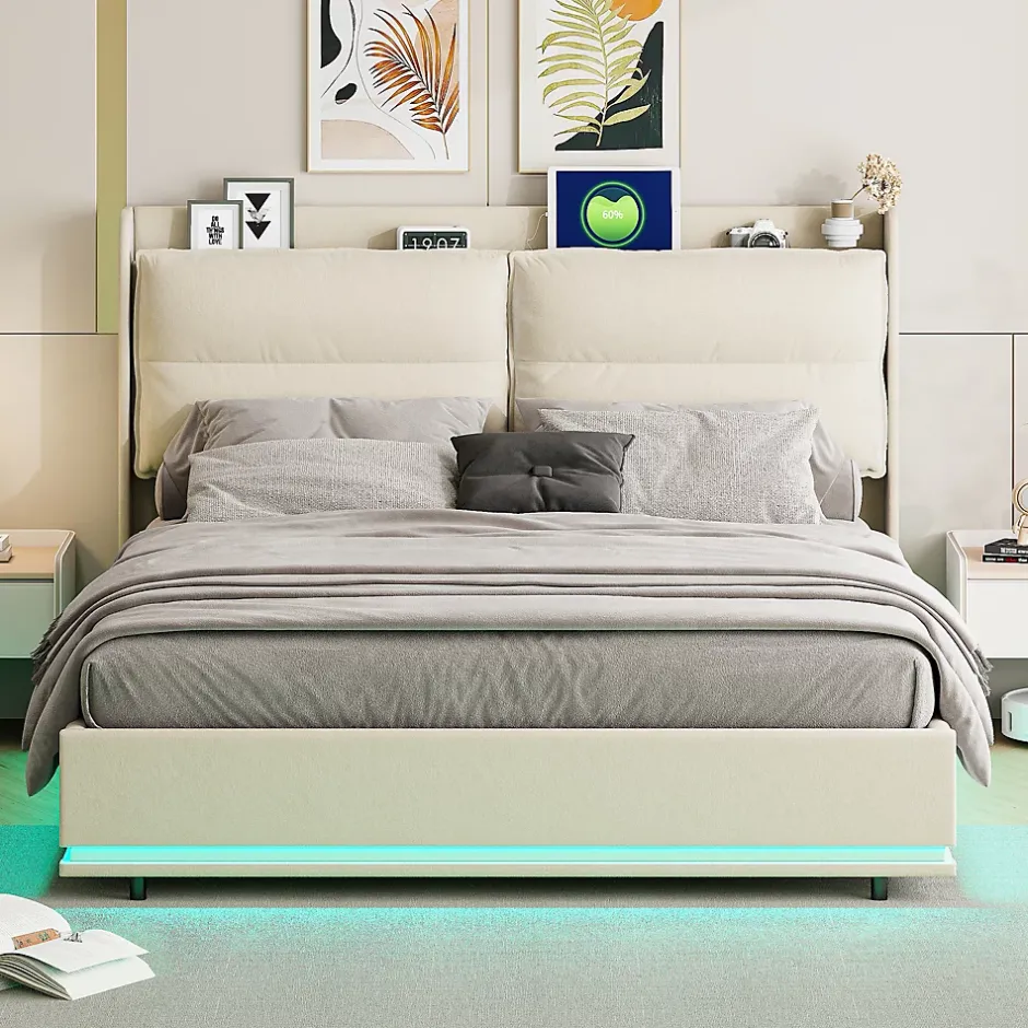 Simple Life Lit rembourré 160x200cm avec recharge sans fil (USB et Type-C), lit double avec LED, velours, beige Clearance