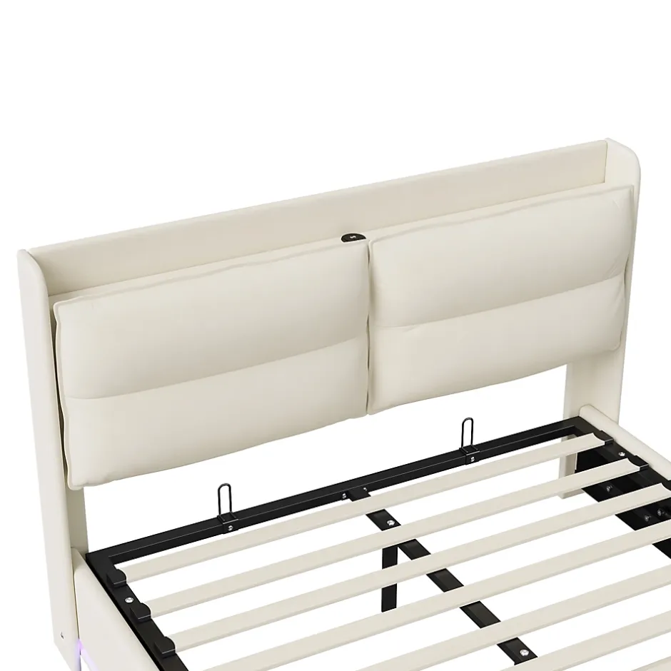 Simple Life Lit rembourré 160x200cm avec recharge sans fil (USB et Type-C), lit double avec LED, velours, beige Clearance