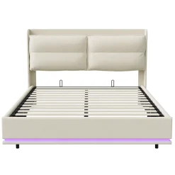 Simple Life Lit rembourré 160x200cm avec recharge sans fil (USB et Type-C), lit double avec LED, velours, beige Clearance