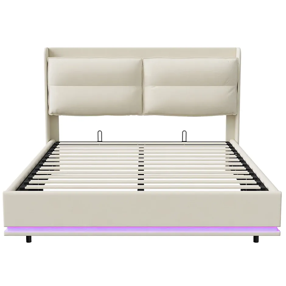 Simple Life Lit rembourré 160x200cm avec recharge sans fil (USB et Type-C), lit double avec LED, velours, beige Clearance