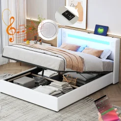 Gutent Lit rembourré 140x200cm avec sommier à lattes lit barre lumineuse à led lecteur bluetooth et recharge usb lit double cuir pu blanc