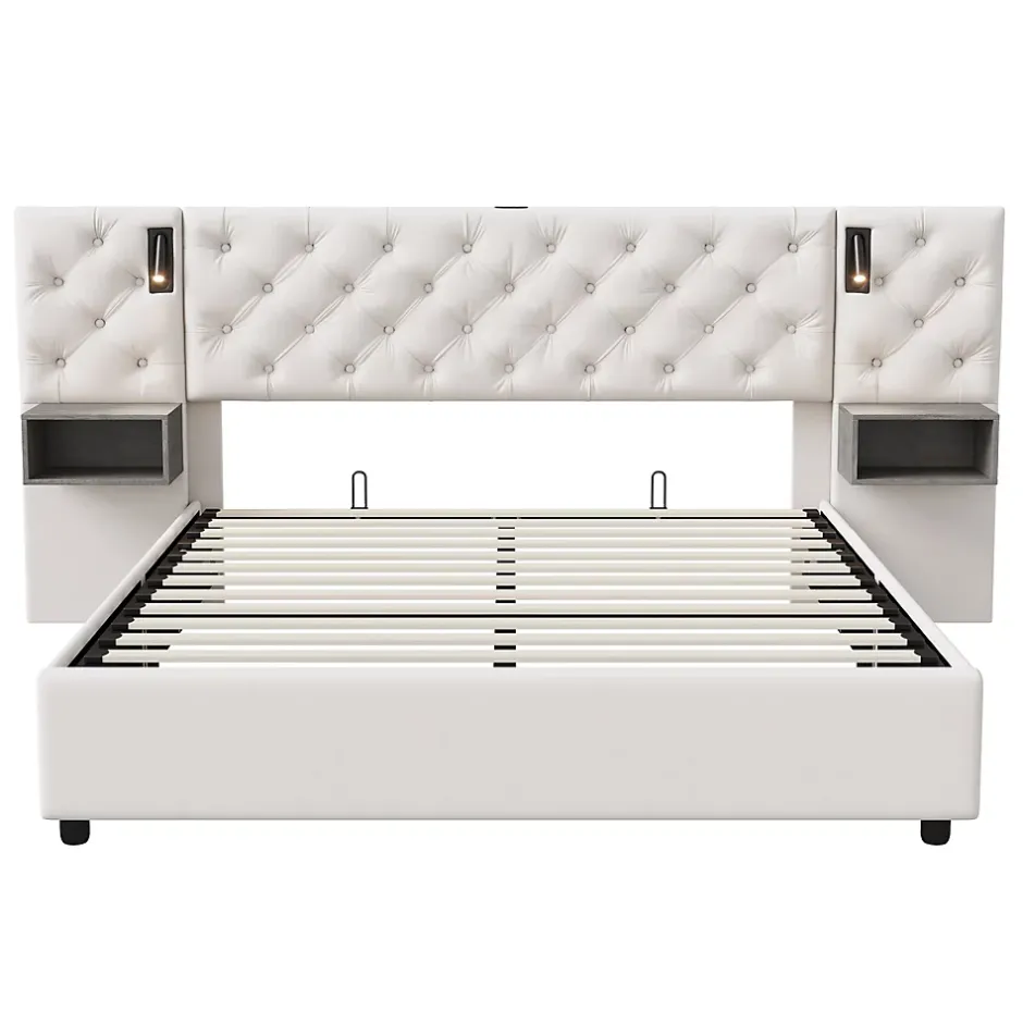 Simple Life Lit Rembourré 140x200cm avec USB et lampe de lecture, lit double avec rangement, velours, beige Hot