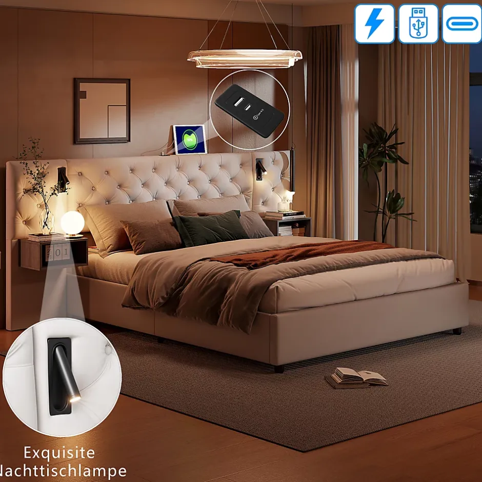 Simple Life Lit Rembourré 140x200cm avec USB et lampe de lecture, lit double avec rangement, velours, beige Hot
