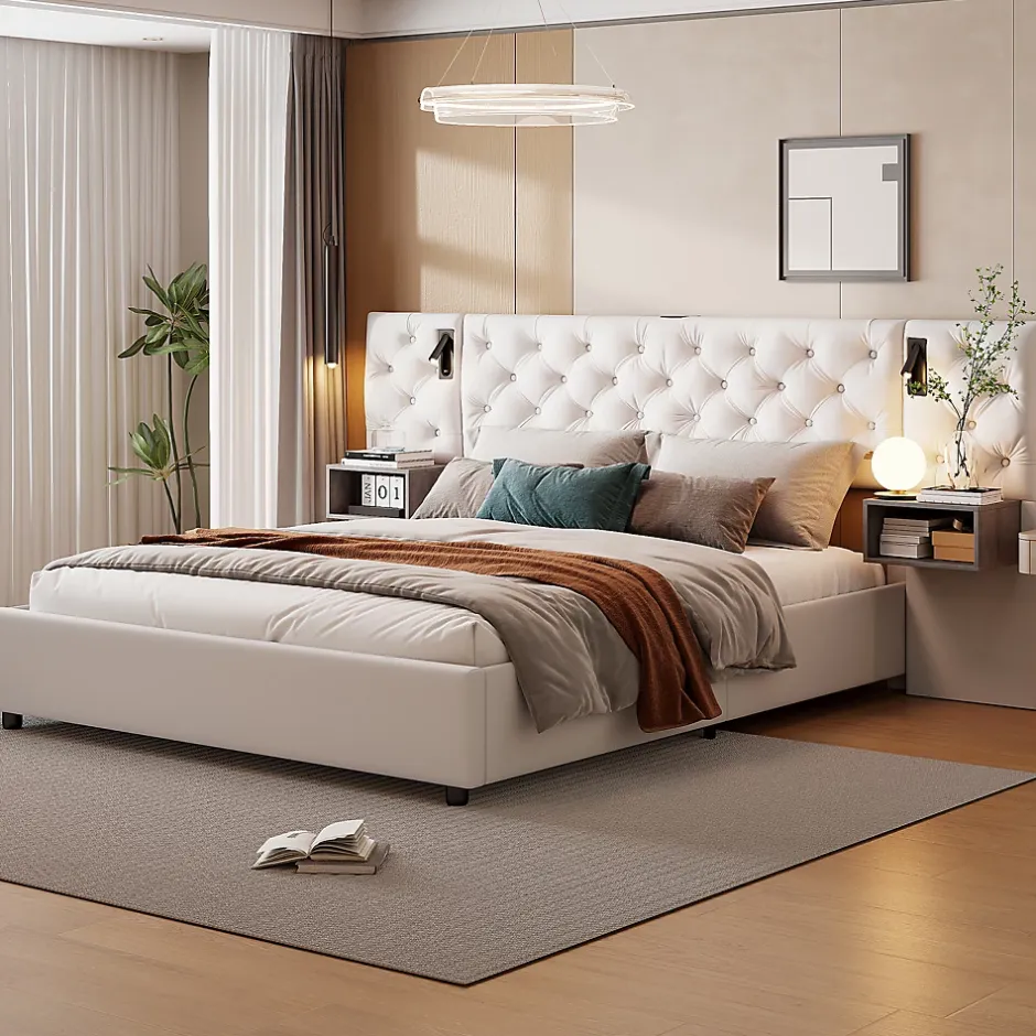 Simple Life Lit Rembourré 140x200cm avec USB et lampe de lecture, lit double avec rangement, velours, beige Hot