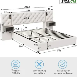 Simple Life Lit Rembourré 140x200cm avec USB et lampe de lecture, lit double avec rangement, velours, beige Hot