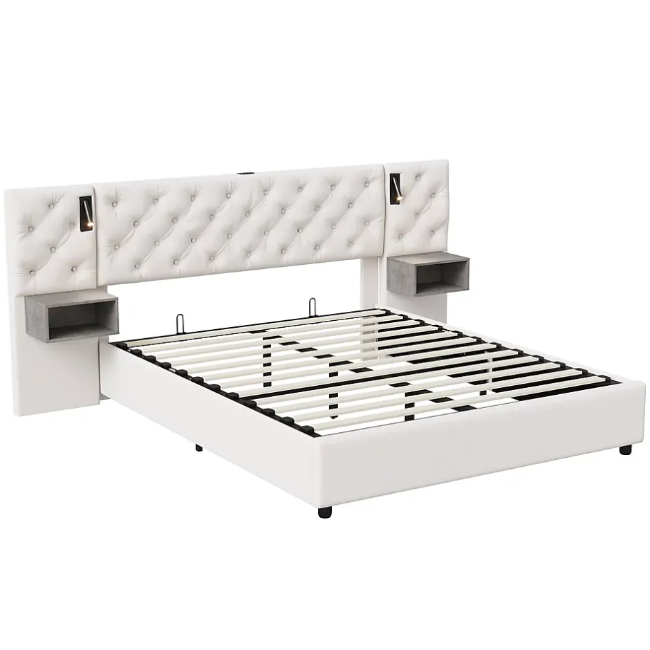 Simple Life Lit Rembourré 140x200cm avec USB et lampe de lecture, lit double avec rangement, velours, beige Hot