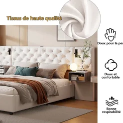 Simple Life Lit Rembourré 140x200cm avec USB et lampe de lecture, lit double avec rangement, velours, beige Hot