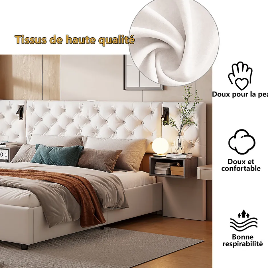 Simple Life Lit Rembourré 140x200cm avec USB et lampe de lecture, lit double avec rangement, velours, beige Hot