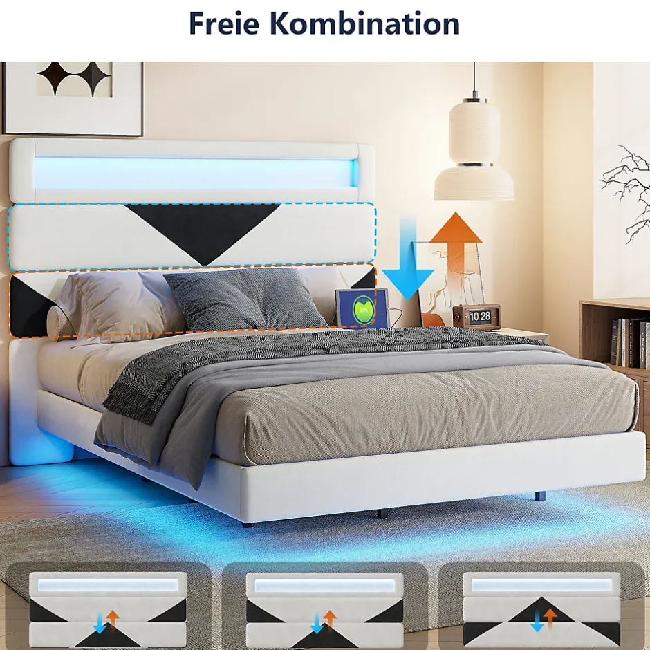 Simple Life Lit Rembourré 160x200cm avec USB & LED,lit coffre avec tête de lit triangulaire,velours,blanc & noir