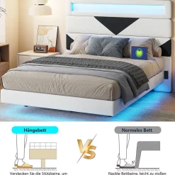 Simple Life Lit Rembourré 160x200cm avec USB & LED,lit coffre avec tête de lit triangulaire,velours,blanc & noir
