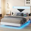 Simple Life Lit rembourré 160x200cm avec USB et LED, lit coffre avec tête de lit triangulaire, velours, blanc et noir