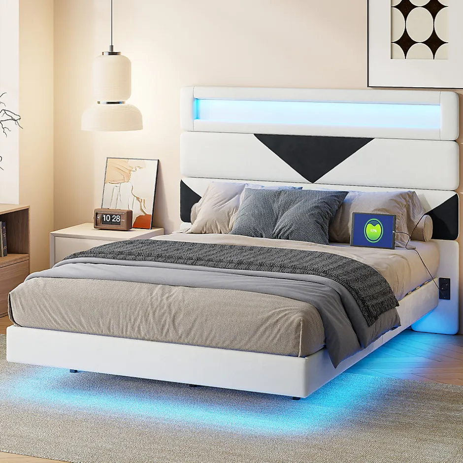 Simple Life Lit rembourré 160x200cm avec USB et LED, lit coffre avec tête de lit triangulaire, velours, blanc et noir