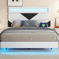Simple Life Lit rembourré 160x200cm avec USB et LED, lit coffre avec tête de lit triangulaire, velours, blanc et noir