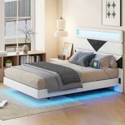 Simple Life Lit rembourré 160x200cm avec USB et LED, lit coffre avec tête de lit triangulaire, velours, blanc et noir