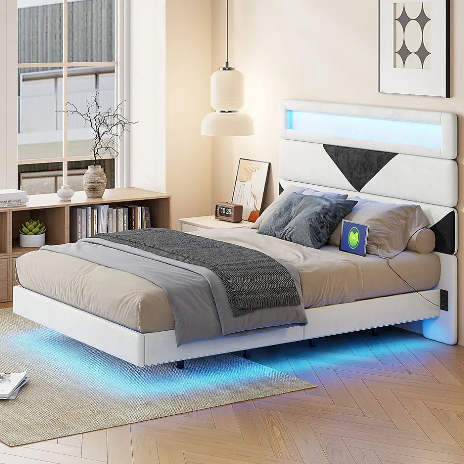 Simple Life Lit rembourré 160x200cm avec USB et LED, lit coffre avec tête de lit triangulaire, velours, blanc et noir