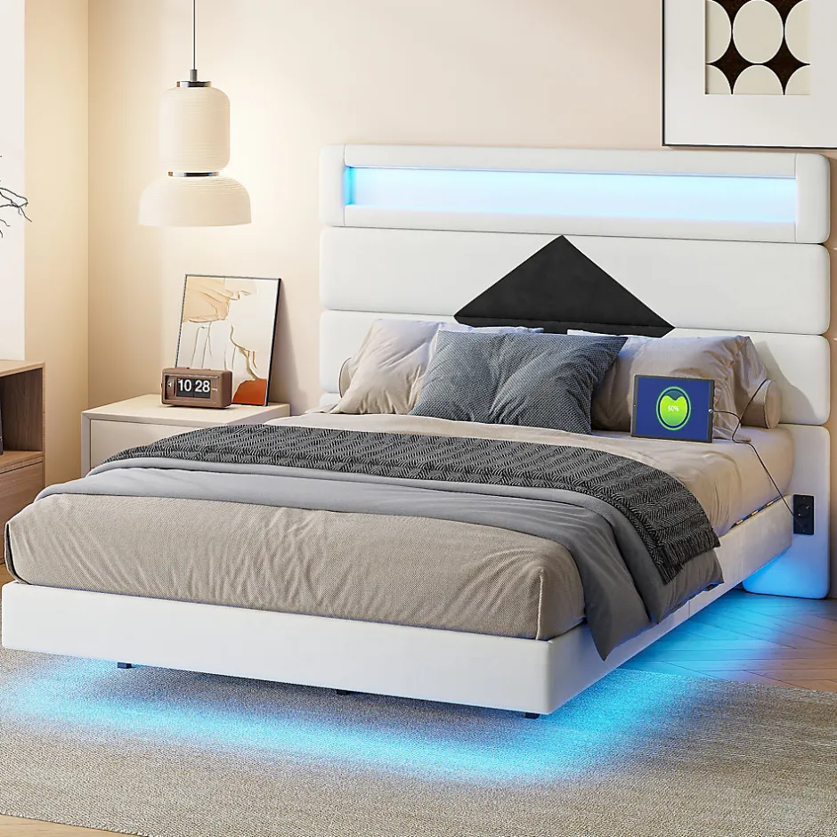 Simple Life Lit rembourré 140x190cm avec USB, lit double avec LED,lit coffre avec tête de lit en diamant,velours