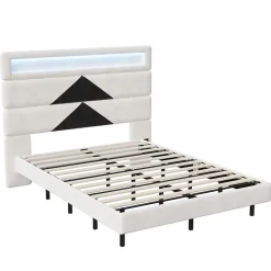 Simple Life Lit rembourré 140x190cm avec USB, lit double avec LED,lit coffre avec tête de lit en diamant,velours