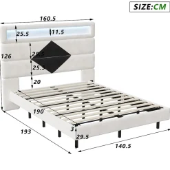 Simple Life Lit rembourré 140x190cm avec USB, lit double avec LED,lit coffre avec tête de lit en diamant,velours