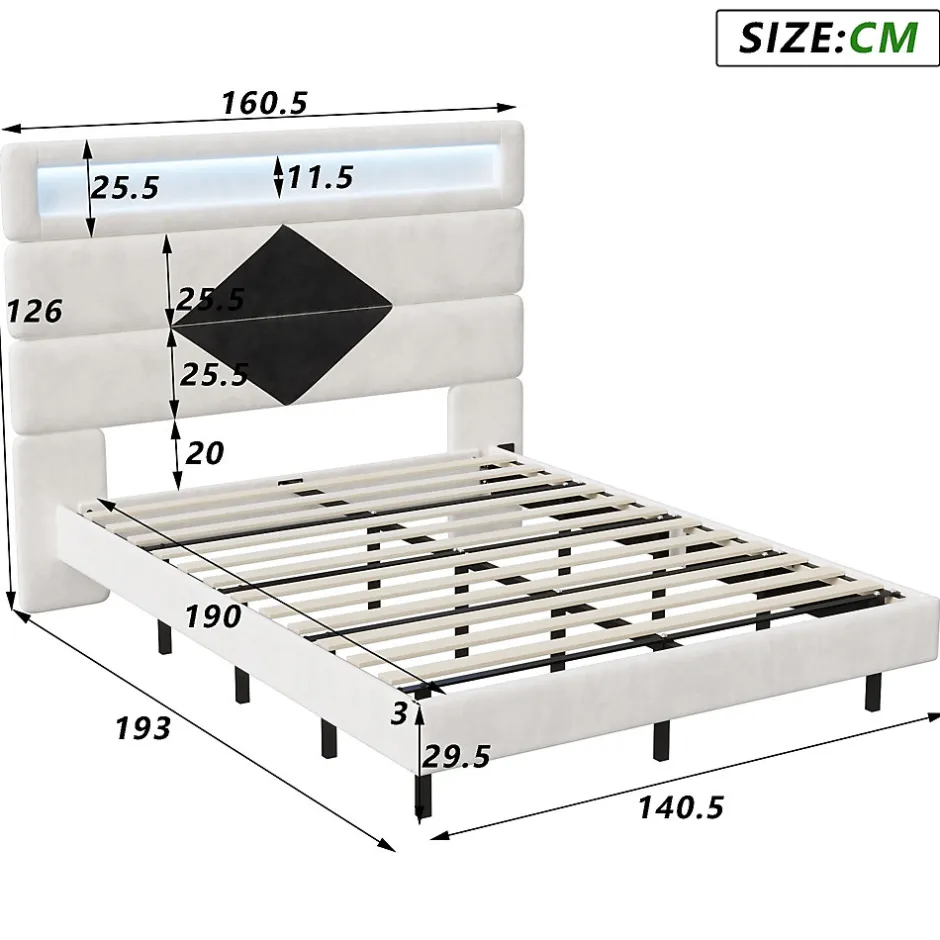Simple Life Lit rembourré 140x190cm avec USB, lit double avec LED,lit coffre avec tête de lit en diamant,velours