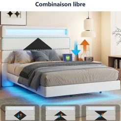 Simple Life Lit rembourré 140x190cm avec USB, lit double avec LED,lit coffre avec tête de lit en diamant,velours