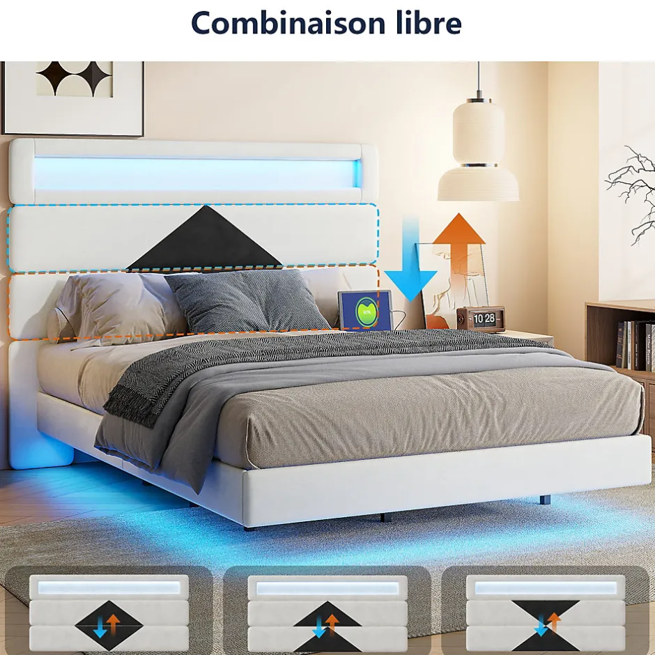Simple Life Lit rembourré 140x190cm avec USB, lit double avec LED,lit coffre avec tête de lit en diamant,velours