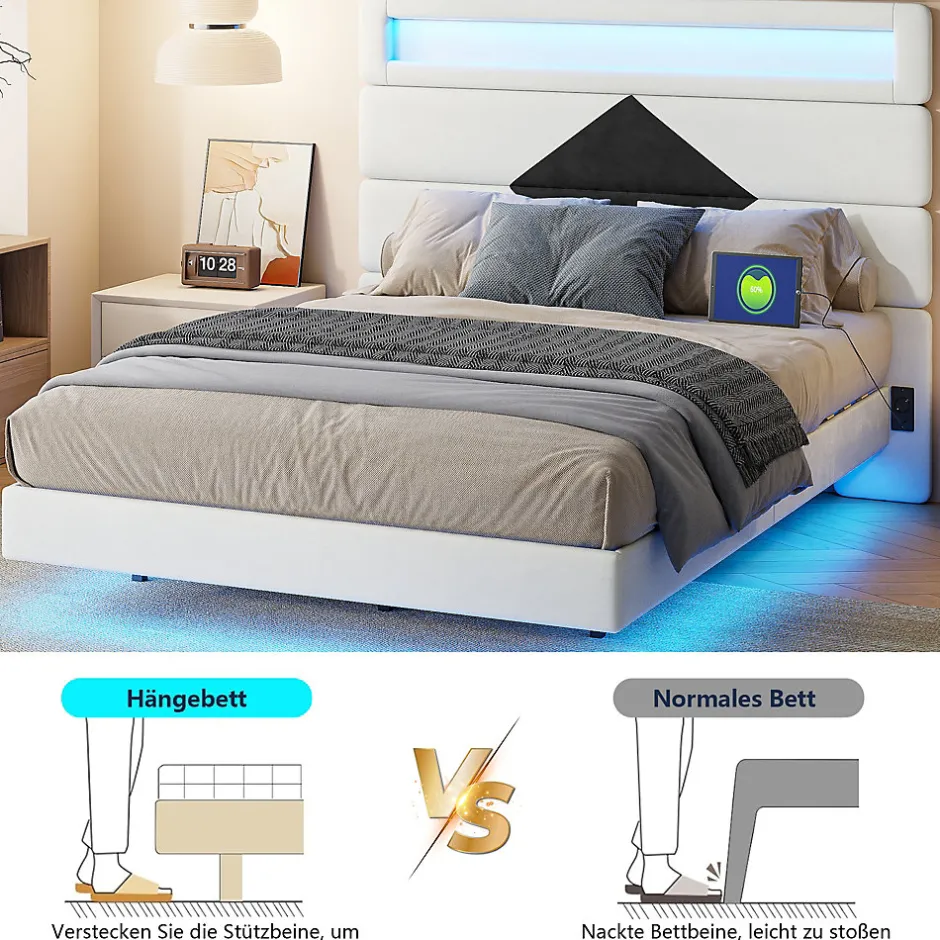 Simple Life Lit rembourré 140x190cm avec USB, lit double avec LED,lit coffre avec tête de lit en diamant,velours