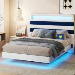 Simple Life Lit Rembourré 140x190cm avec USB, lit d'adolescent, lit double avec LED, velours, blanc et bleu