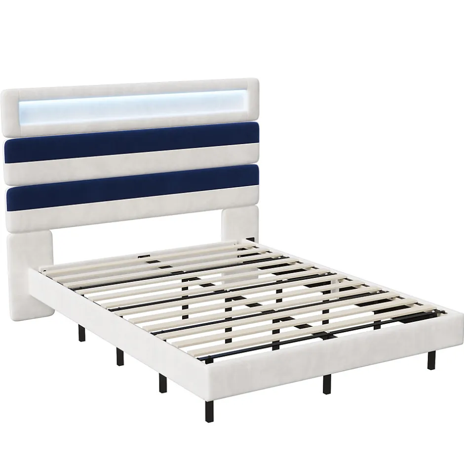 Simple Life Lit Rembourré 140x190cm avec USB, lit d'adolescent, lit double avec LED, velours, blanc et bleu