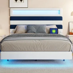 Simple Life Lit Rembourré 140x190cm avec USB, lit d'adolescent, lit double avec LED, velours, blanc et bleu