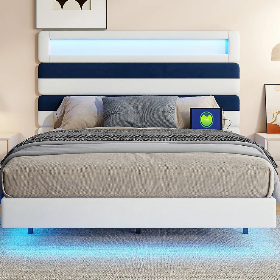 Simple Life Lit Rembourré 140x190cm avec USB, lit d'adolescent, lit double avec LED, velours, blanc et bleu