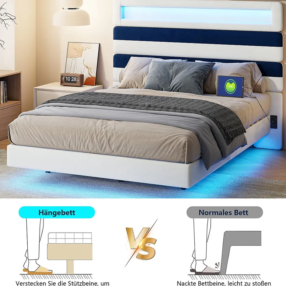 Simple Life Lit Rembourré 140x190cm avec USB, lit d'adolescent, lit double avec LED, velours, blanc et bleu