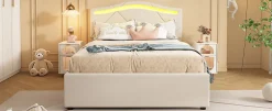 Simple Life Lit rembourré 90x200cm beige avec télécommande LED, tête réglable et 2 tiroirs, style minimaliste