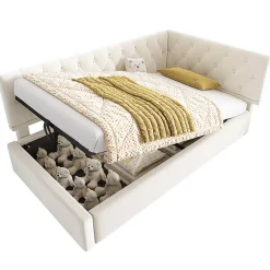 Blackcolors Lit rembourré 90x200cm, canapé-lit, rangement hydraulique, velours beige, sans matelas Online