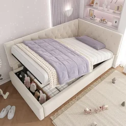 Blackcolors Lit rembourré 90x200cm, canapé-lit, rangement hydraulique, velours beige, sans matelas Online