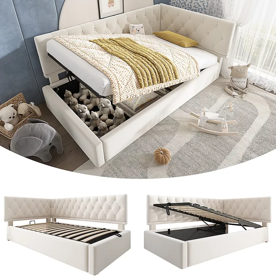 Blackcolors Lit rembourré 90x200cm, canapé-lit, rangement hydraulique, velours beige, sans matelas Online