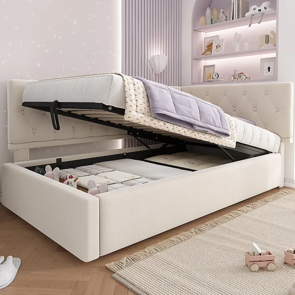 Blackcolors Lit rembourré 90x200cm, canapé-lit, rangement hydraulique, velours beige, sans matelas Online