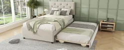 Simple Life Lit rembourré 90x200cm en velours beige avec sommier, tiroir de rangement, design minimaliste